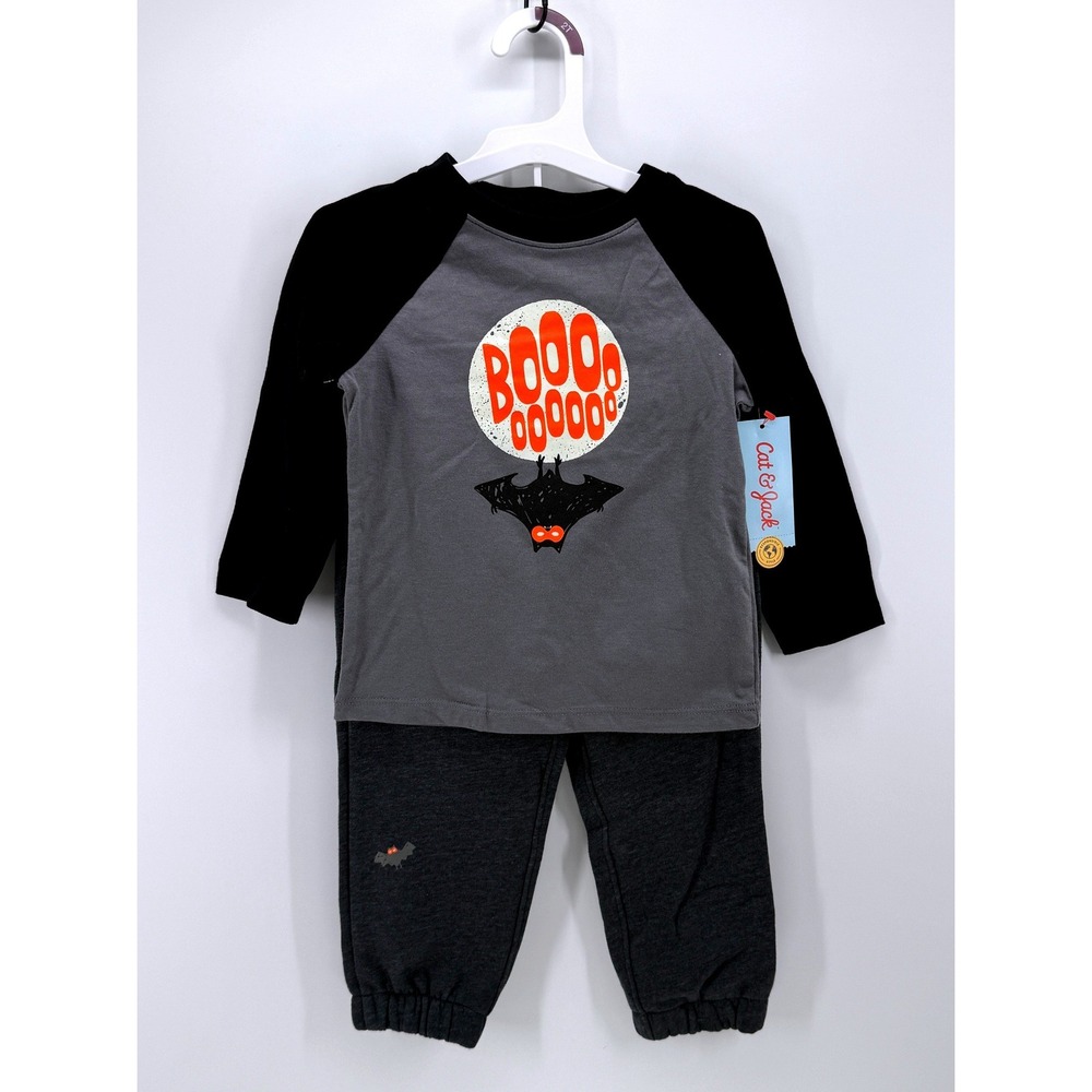 Cat & Jack Toddler Boys Halloween Bat Outfit Set Shirt and Joggers Gray Black 2T